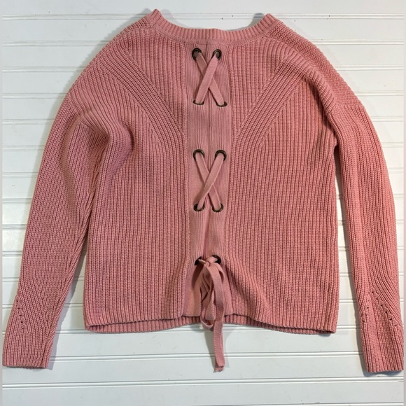 Lucky Brand Back Lace Pullover Sweater Chunky Knit Pale Pink Womens Size Small - Picture 13 of 16